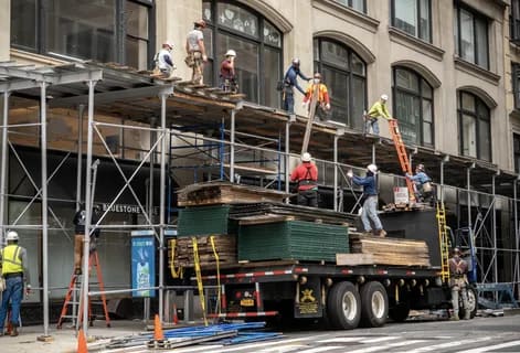 Construction crew assembling scaffolding on a city building using a flatbed truck.